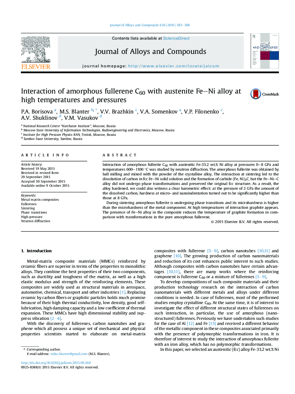 عکس صفحه اول مقاله: Interaction of amorphous fullerene C60 with austenite Fe-Ni alloy at high temperatures and pressures Interaction of amorphous fullerene C60 with austenite Fe-Ni alloy at high temperatures and pressures