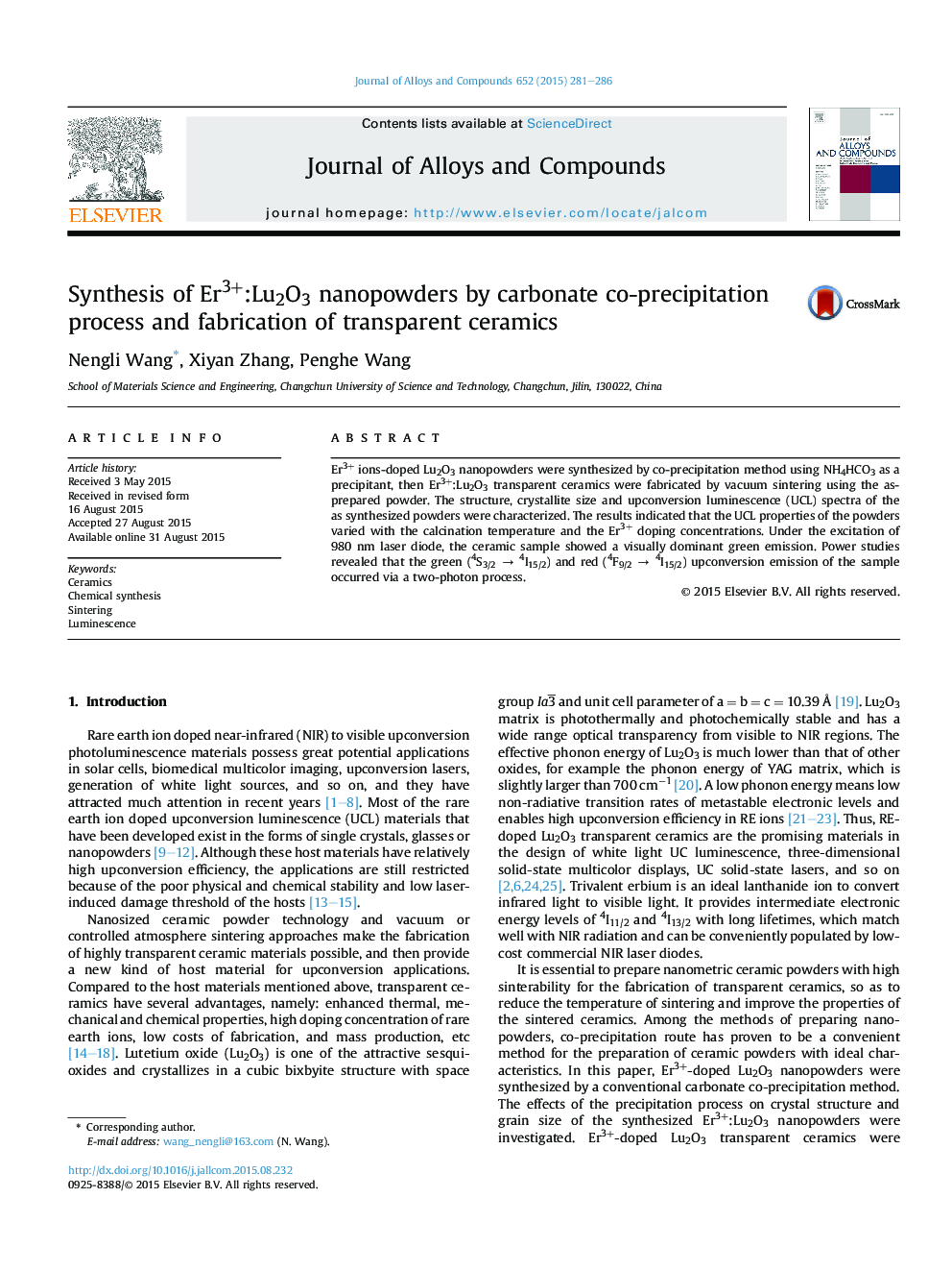 Synthesis of Er3+:Lu2O3 nanopowders by carbonate co-precipitation process and fabrication of transparent ceramics