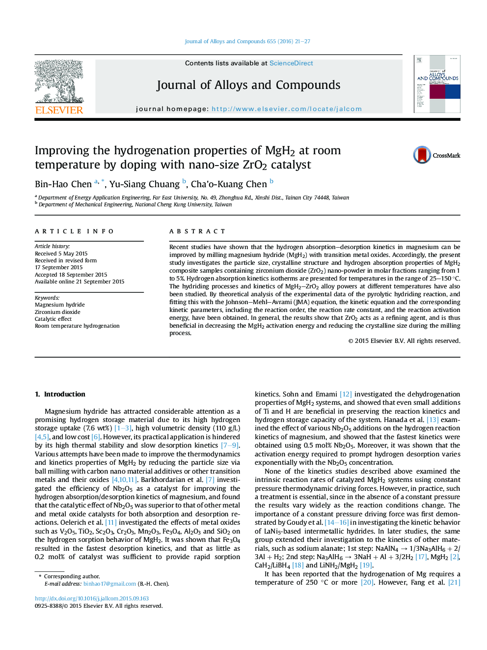 Improving the hydrogenation properties of MgH2 at room temperature by doping with nano-size ZrO2 catalyst