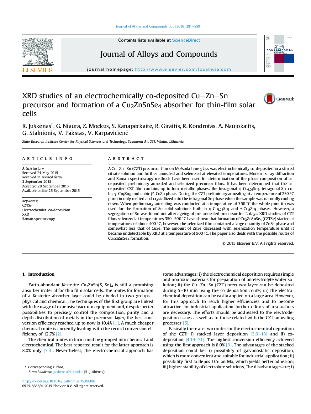 XRD studies of an electrochemically co-deposited Cu-Zn-Sn precursor and formation of a Cu2ZnSnSe4 absorber for thin-film solar cells