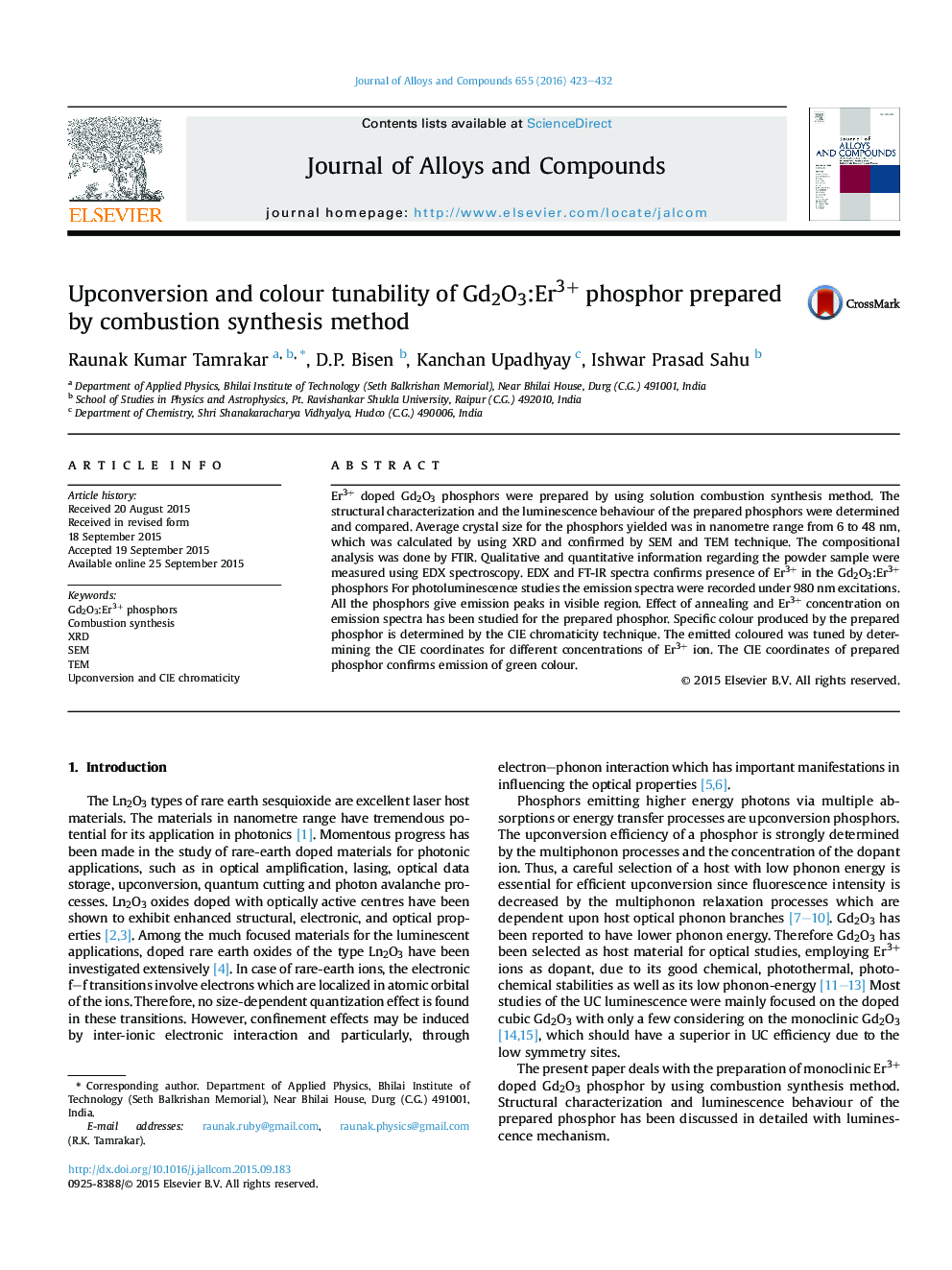 Upconversion and colour tunability of Gd2O3:Er3+ phosphor prepared by combustion synthesis method
