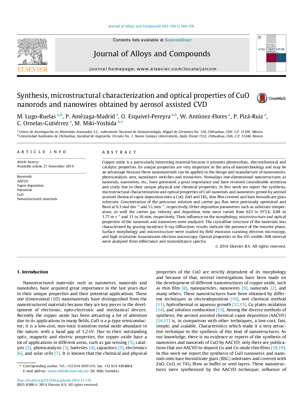 عکس صفحه اول مقاله: Synthesis, microstructural characterization and optical properties of CuO nanorods and nanowires obtained by aerosol assisted CVD Synthesis, microstructural characterization and optical properties of CuO nanorods and nanowires obtained by aerosol assisted CVD