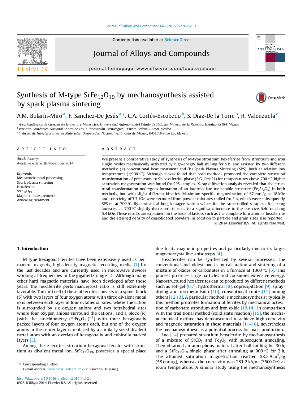 Synthesis of M-type SrFe12O19 by mechanosynthesis assisted by spark plasma sintering