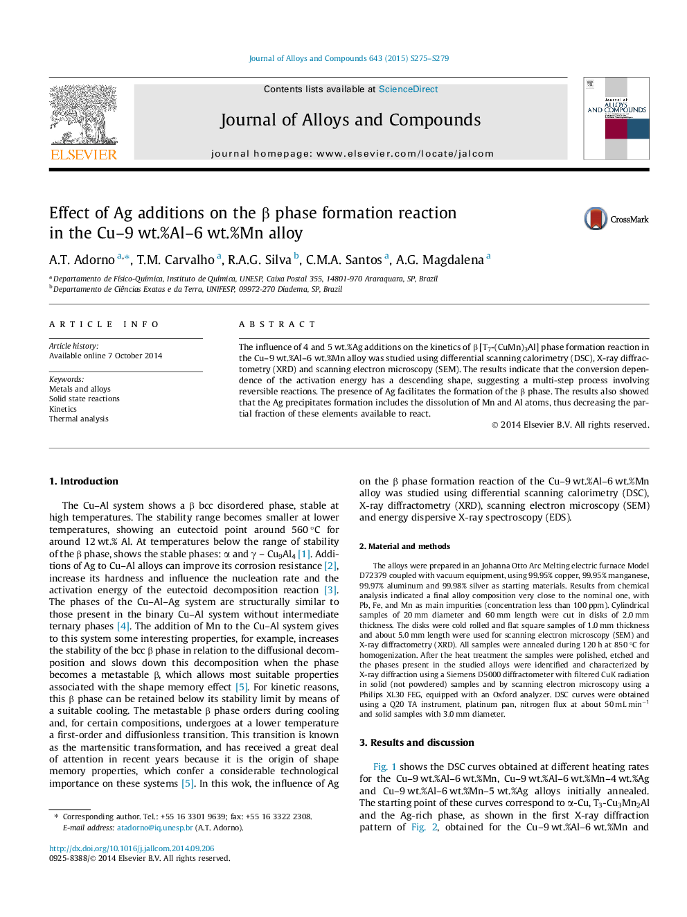 Effect of Ag additions on the β phase formation reaction in the Cu–9 wt.%Al–6 wt.%Mn alloy