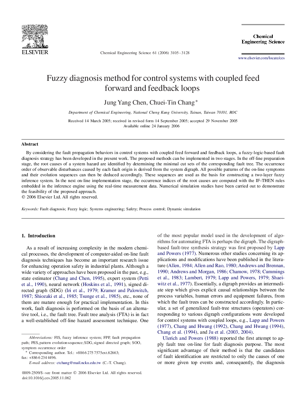 Fuzzy diagnosis method for control systems with coupled feed forward and feedback loops