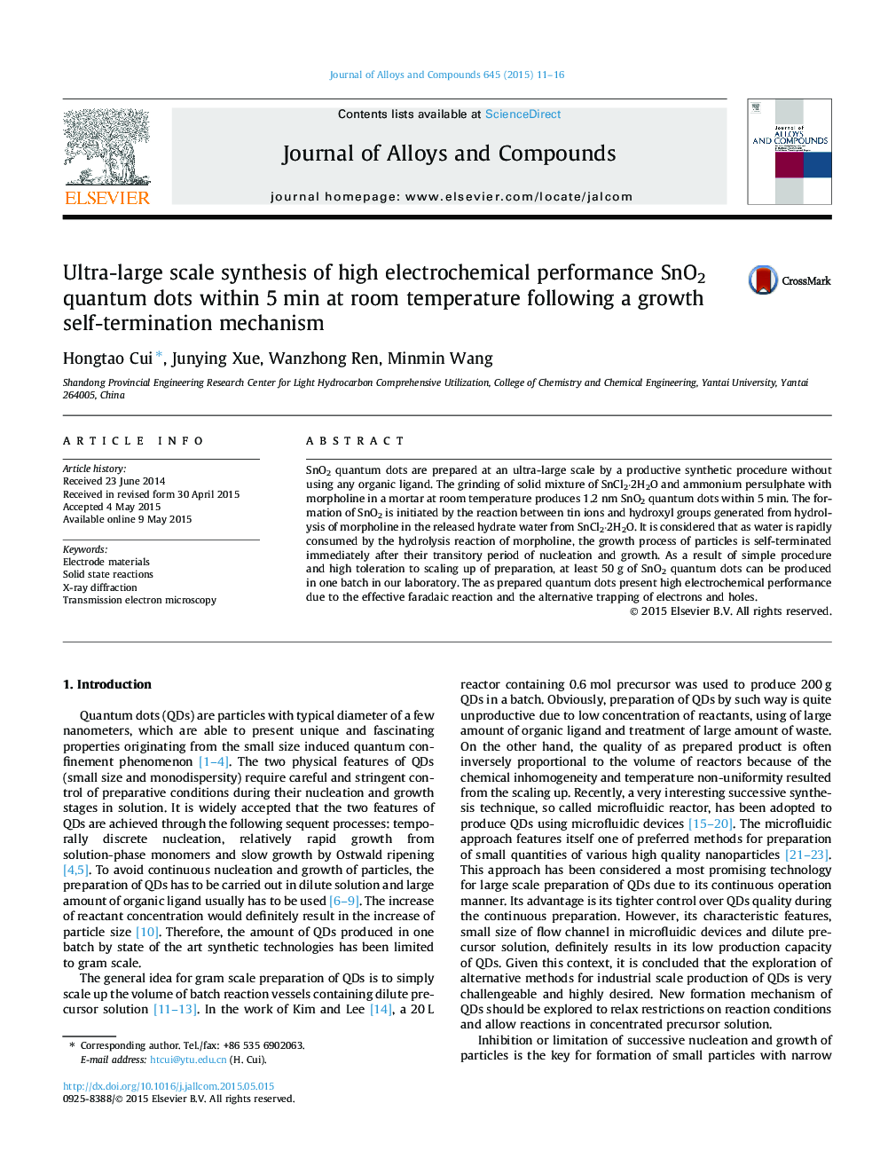 Ultra-large scale synthesis of high electrochemical performance SnO2 quantum dots within 5 min at room temperature following a growth self-termination mechanism