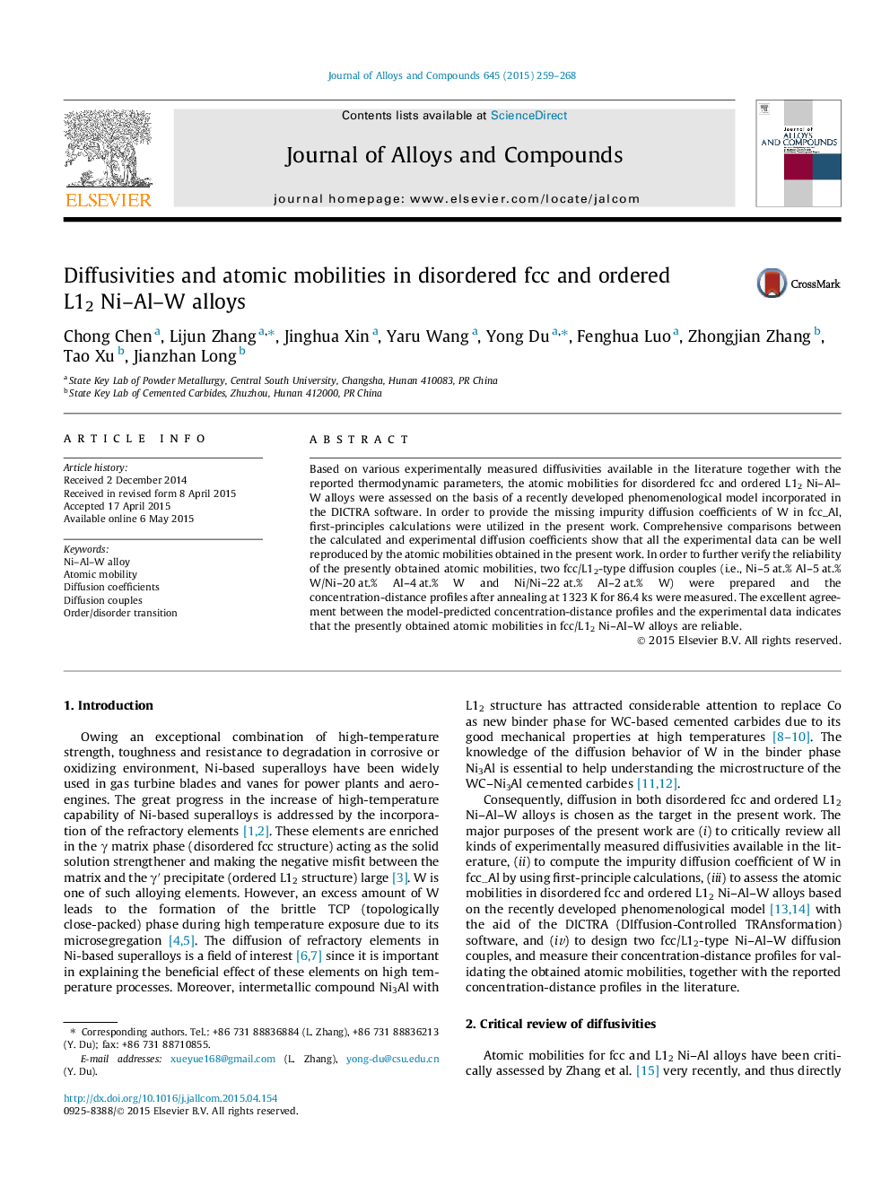 Diffusivities and atomic mobilities in disordered fcc and ordered L12 Ni-Al-W alloys