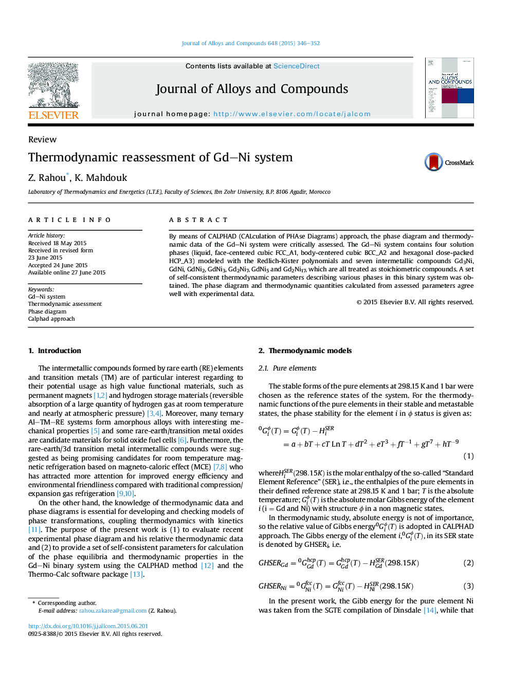 Thermodynamic reassessment of Gd–Ni system