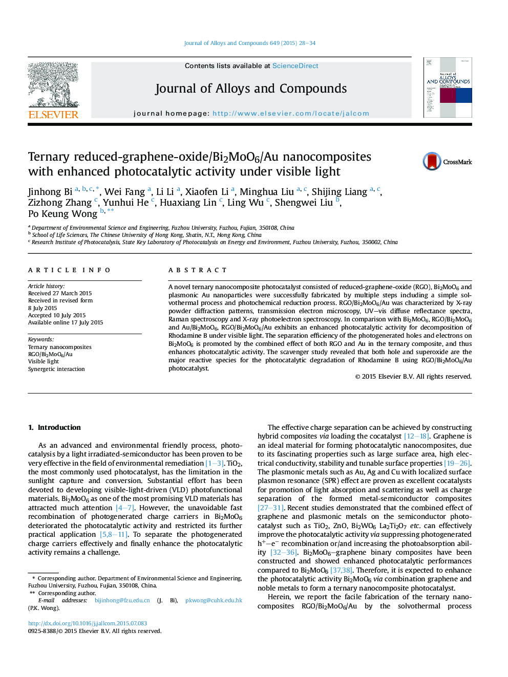 Ternary reduced-graphene-oxide/Bi2MoO6/Au nanocomposites with enhanced photocatalytic activity under visible light