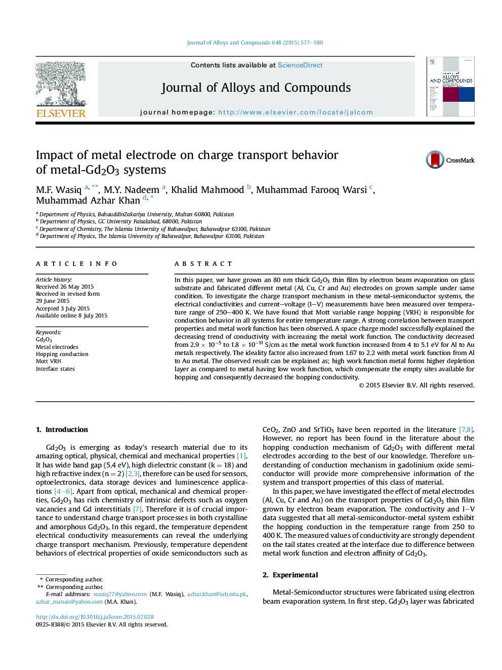 Impact of metal electrode on charge transport behavior of metal-Gd2O3 systems