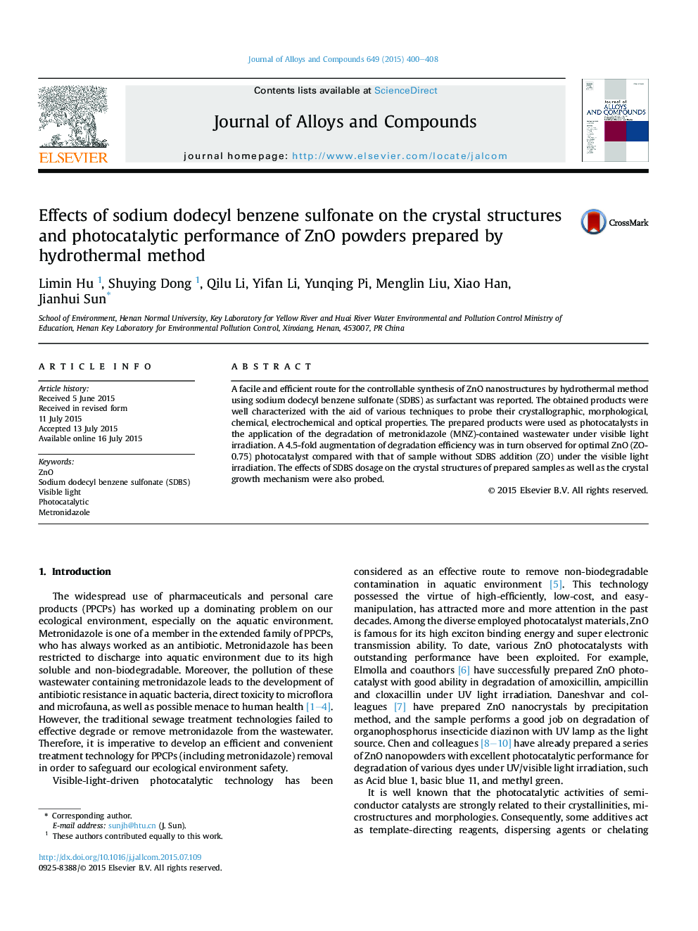 Effects of sodium dodecyl benzene sulfonate on the crystal structures and photocatalytic performance of ZnO powders prepared by hydrothermal method