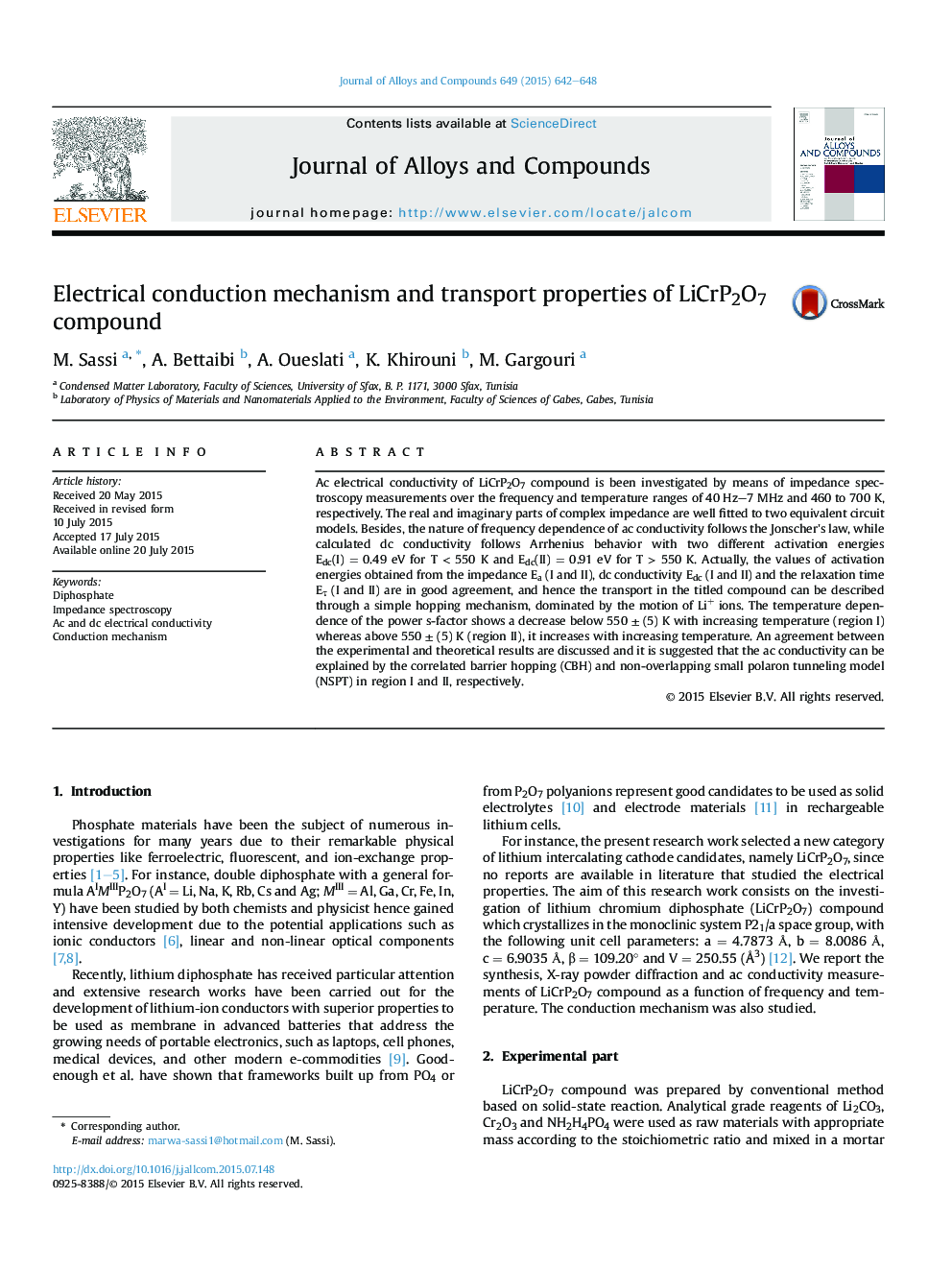 Electrical conduction mechanism and transport properties of LiCrP2O7 compound