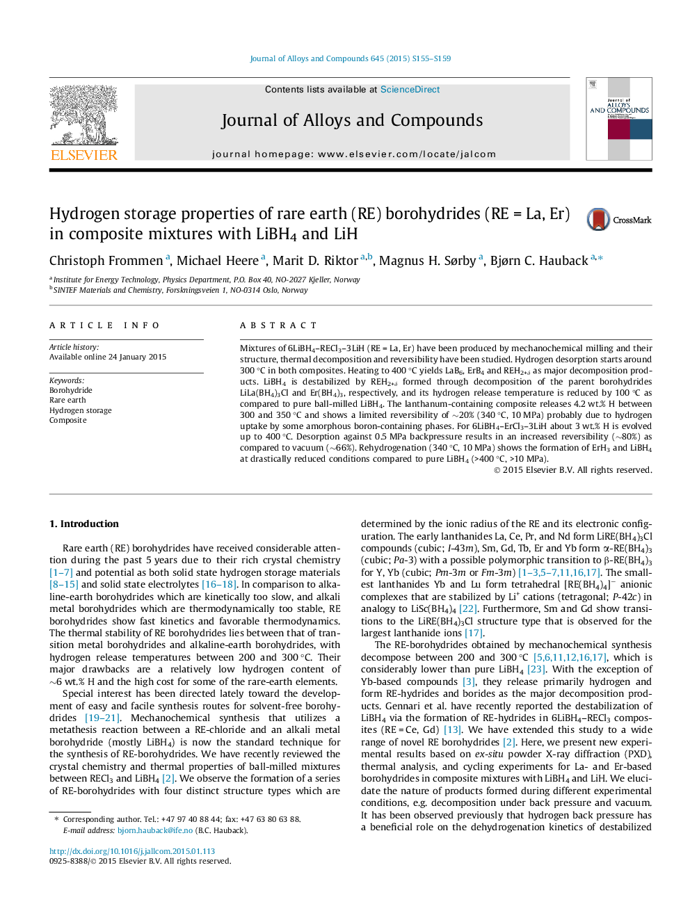 Hydrogen storage properties of rare earth (RE) borohydrides (RE = La, Er) in composite mixtures with LiBH4 and LiH