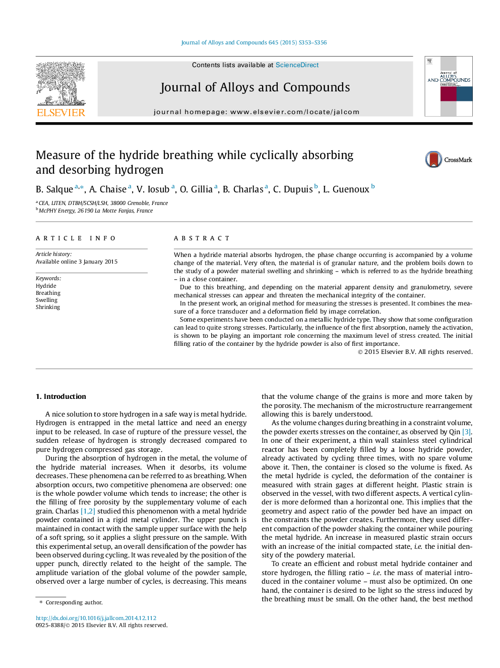 Measure of the hydride breathing while cyclically absorbing and desorbing hydrogen