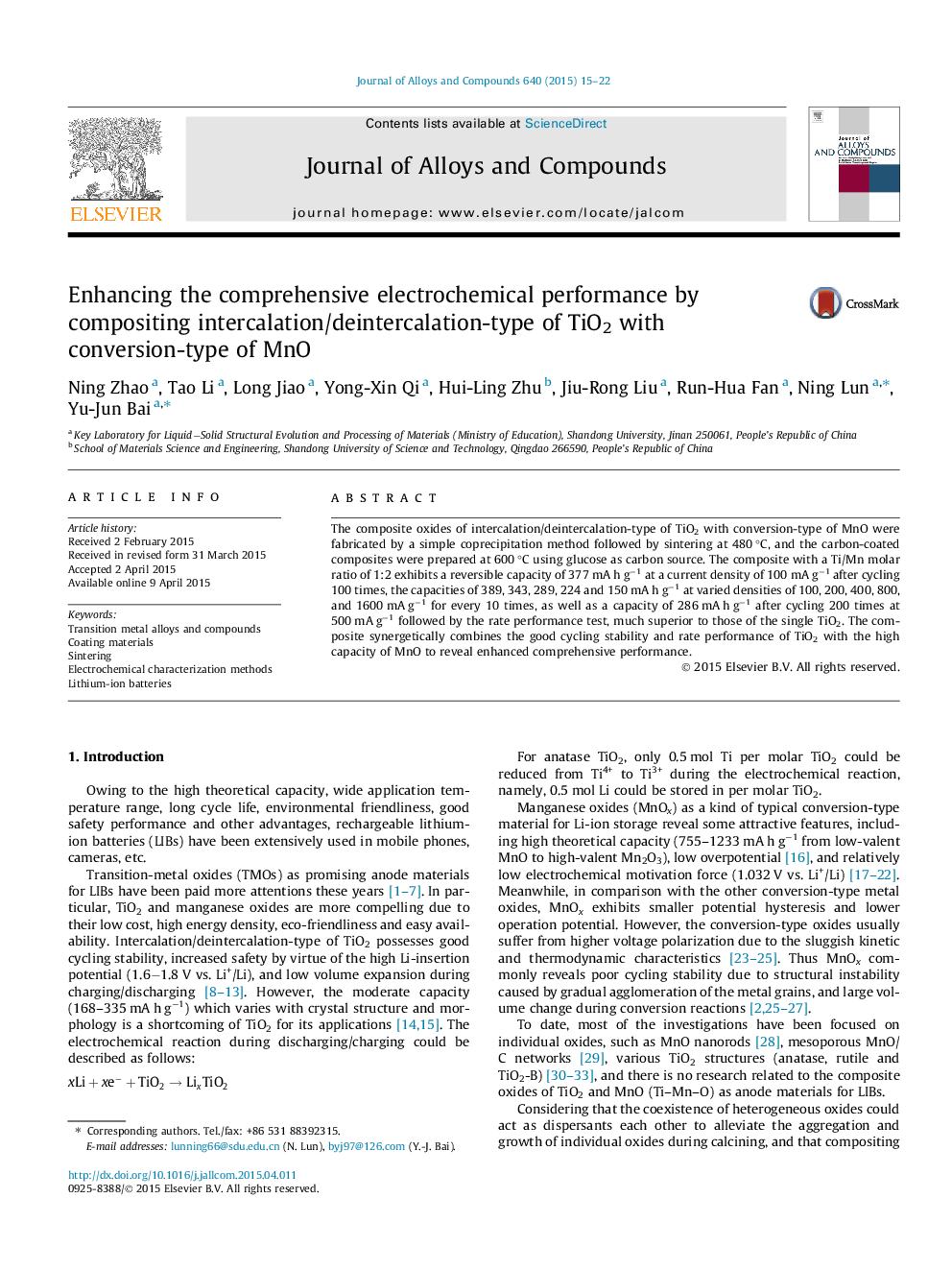 Enhancing the comprehensive electrochemical performance by compositing intercalation/deintercalation-type of TiO2 with conversion-type of MnO