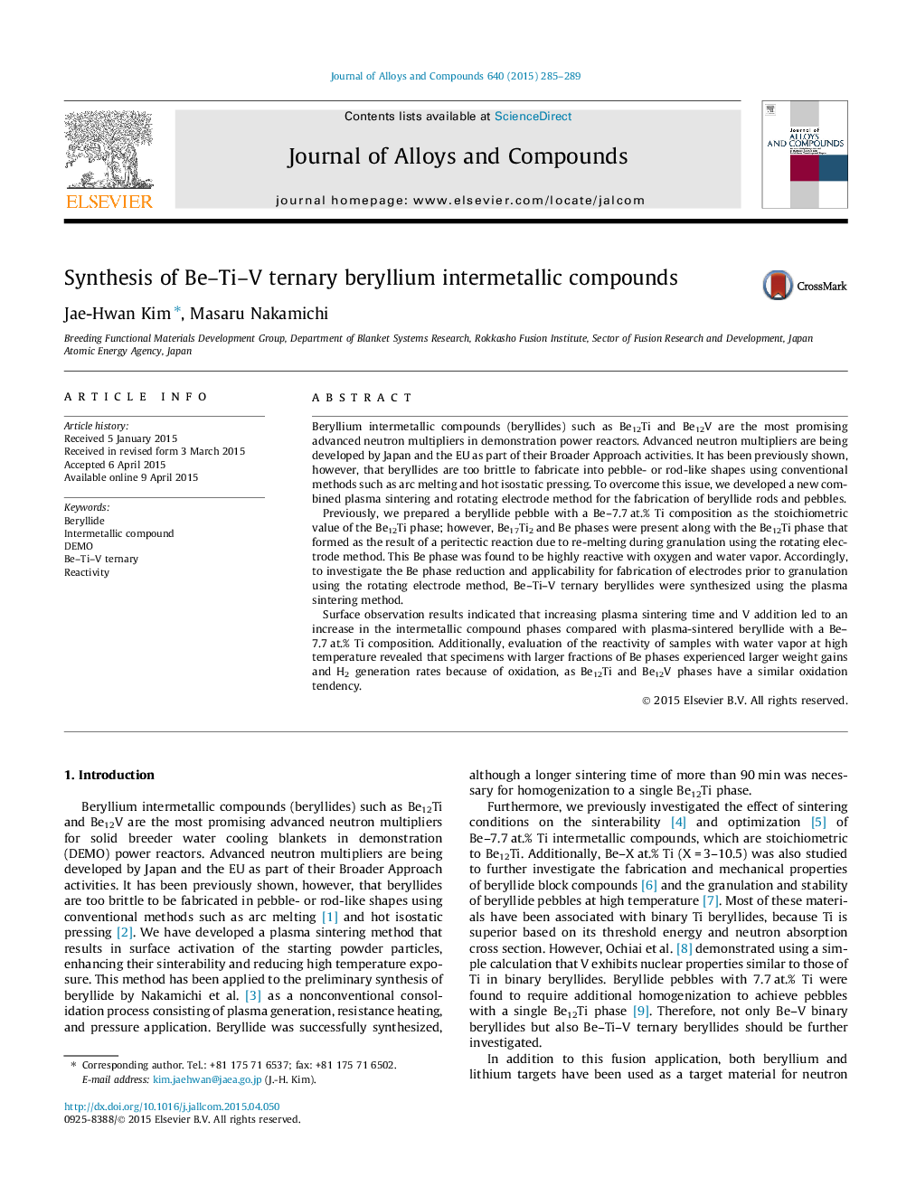 Synthesis of Be–Ti–V ternary beryllium intermetallic compounds