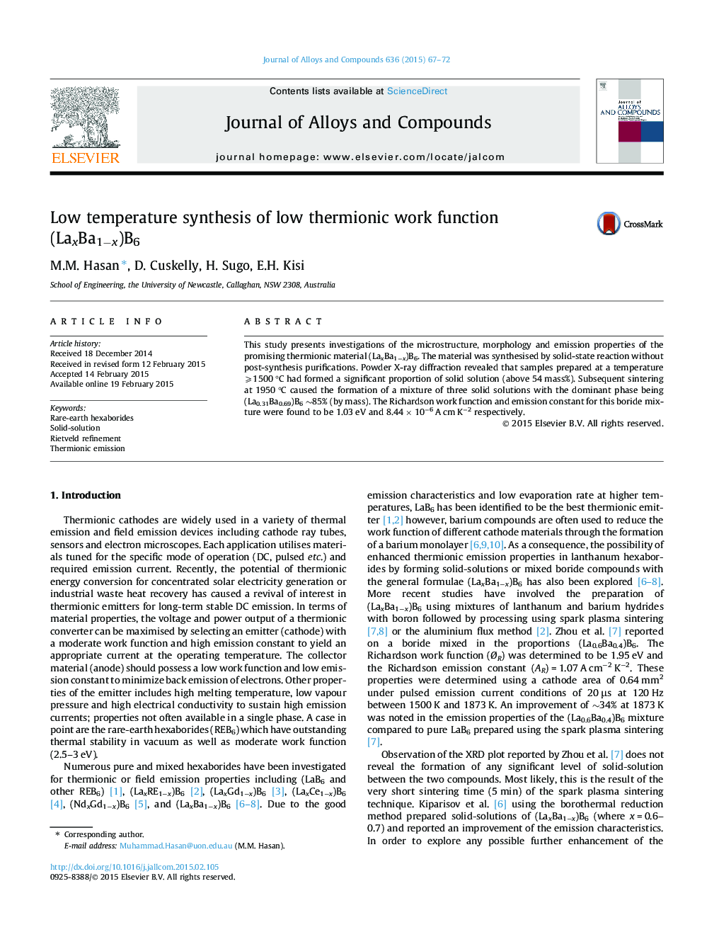 Low temperature synthesis of low thermionic work function (LaxBa1âx)B6