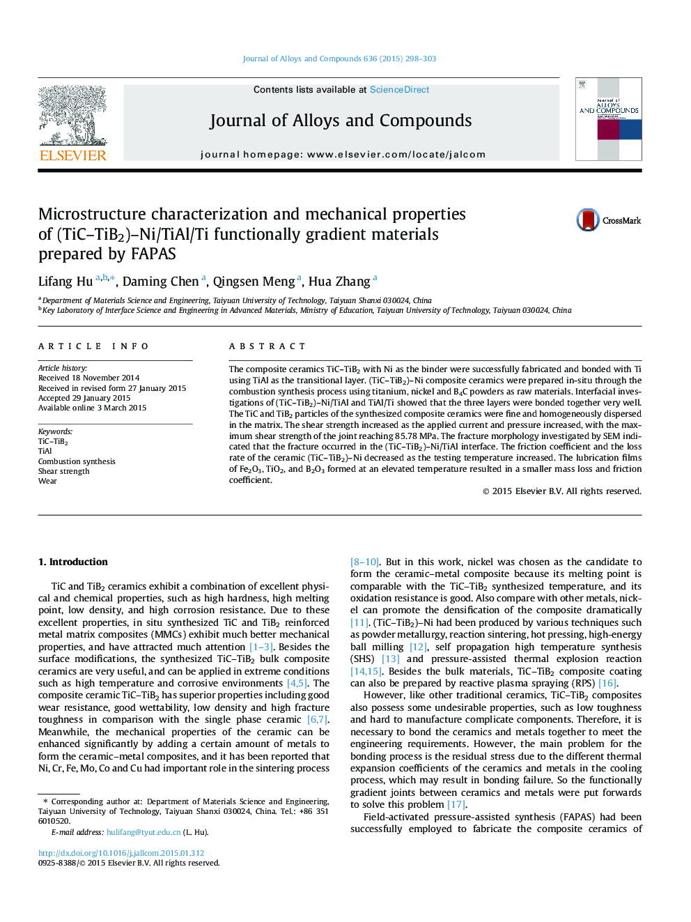 Microstructure characterization and mechanical properties of (TiC–TiB2)–Ni/TiAl/Ti functionally gradient materials prepared by FAPAS