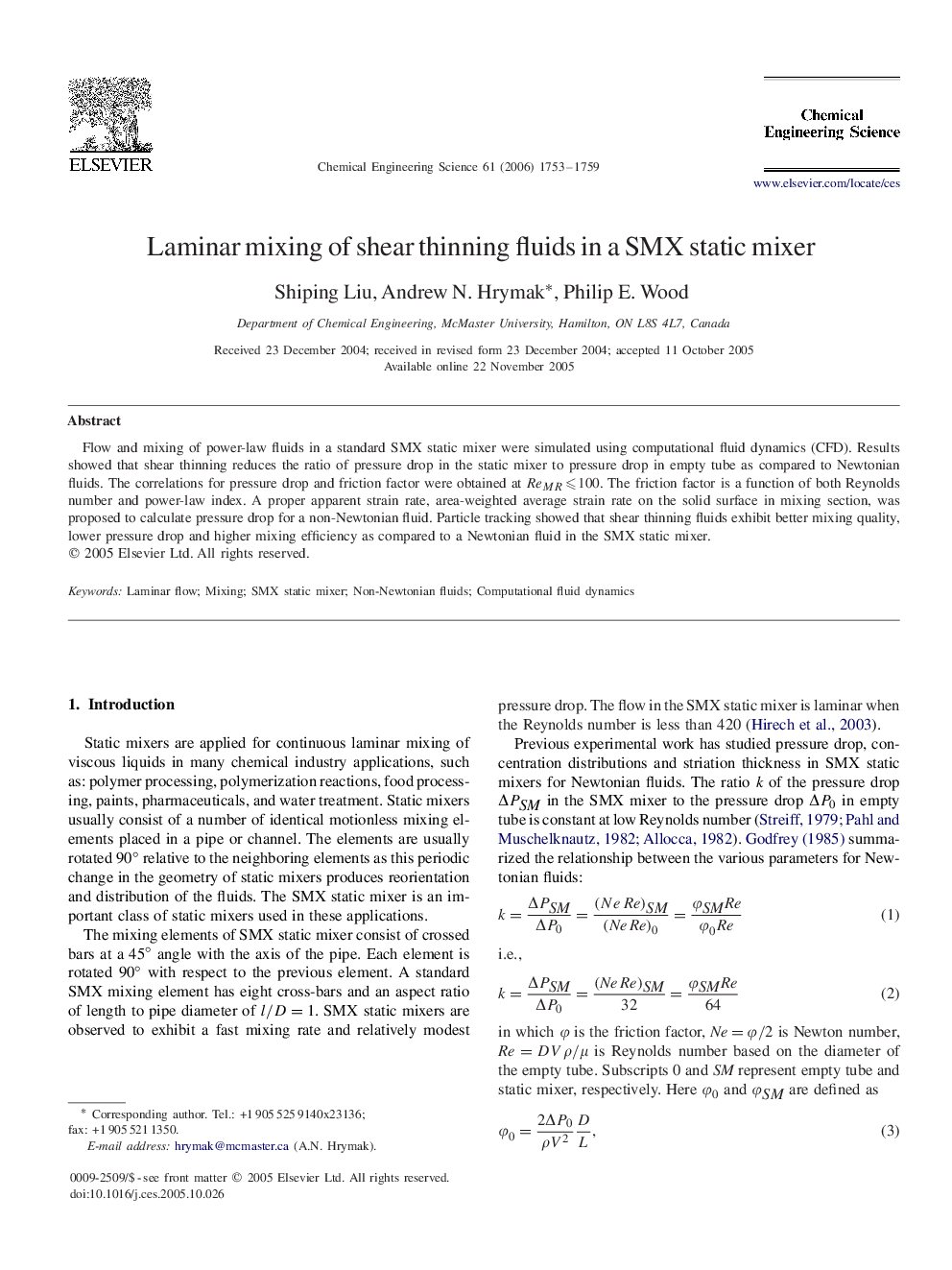عکس صفحه اول مقاله: Laminar mixing of shear thinning fluids in a SMX static mixer Laminar mixing of shear thinning fluids in a SMX static mixer
