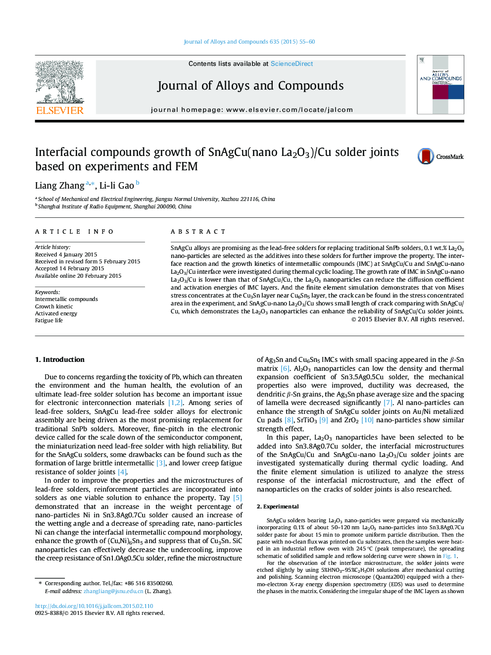 Interfacial compounds growth of SnAgCu(nano La2O3)/Cu solder joints based on experiments and FEM