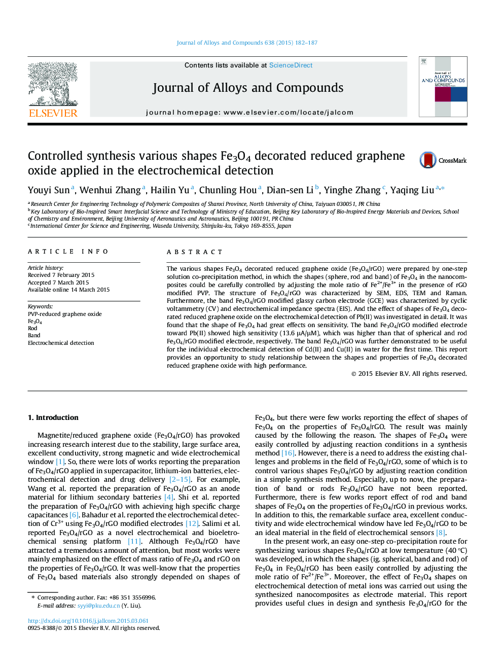 Controlled synthesis various shapes Fe3O4 decorated reduced graphene oxide applied in the electrochemical detection