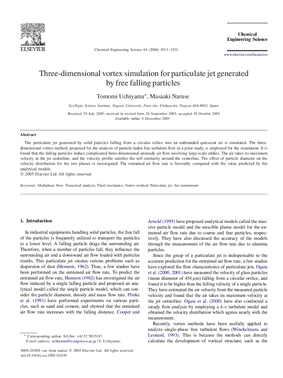 Three-dimensional vortex simulation for particulate jet generated by free falling particles