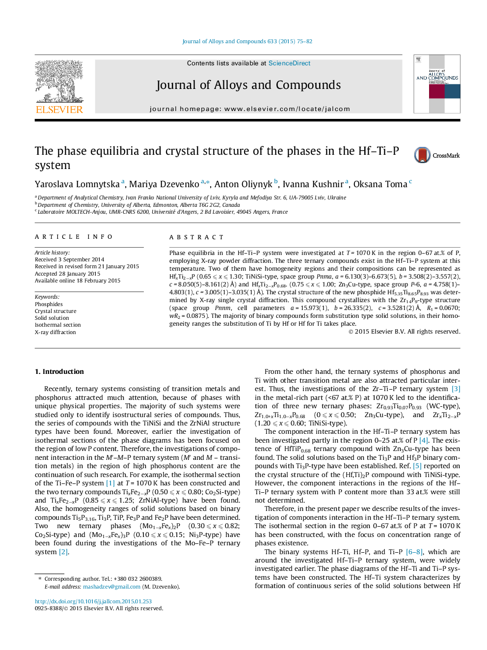 The phase equilibria and crystal structure of the phases in the Hf–Ti–P system