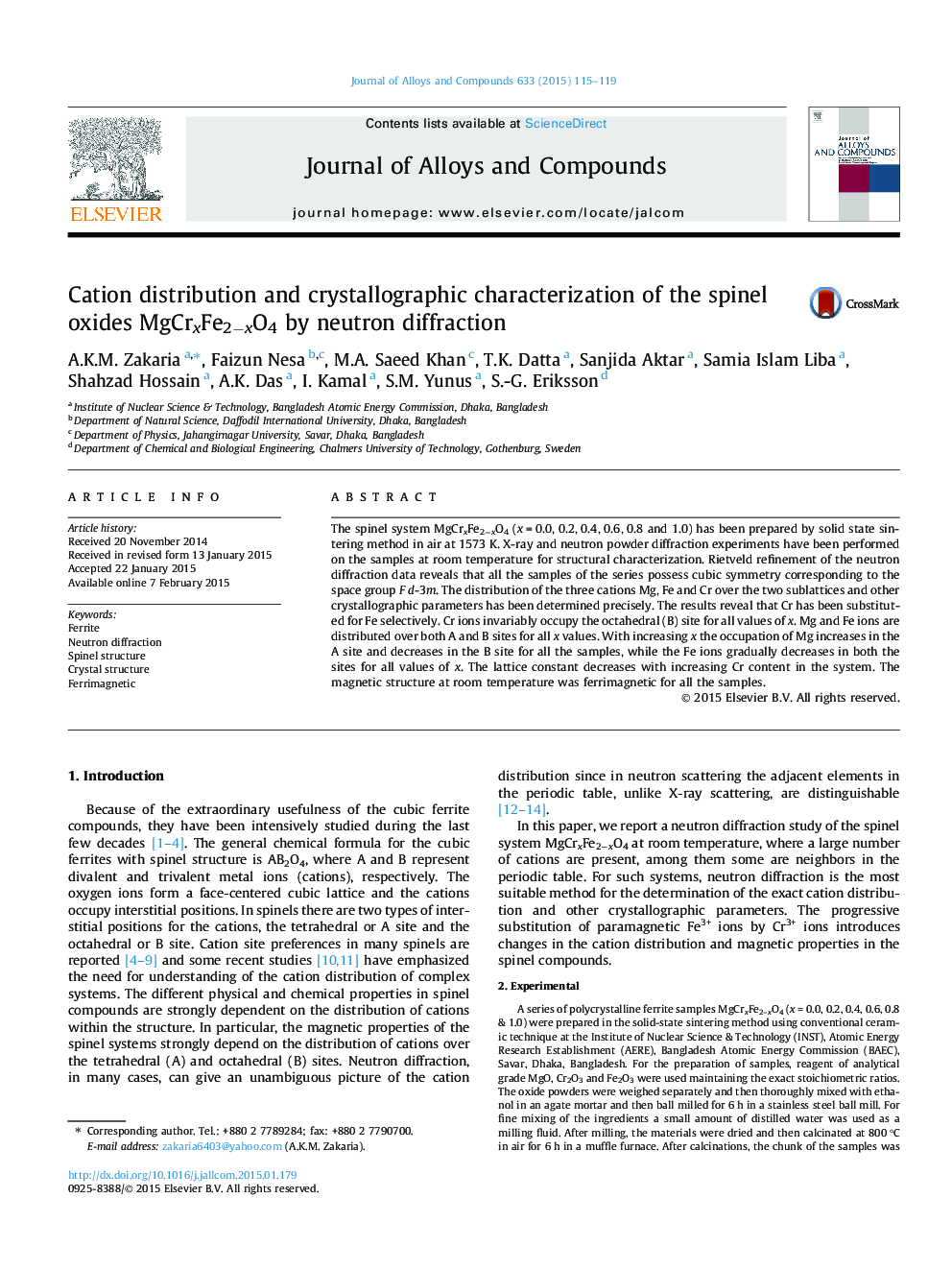 Cation distribution and crystallographic characterization of the spinel oxides MgCrxFe2−xO4 by neutron diffraction