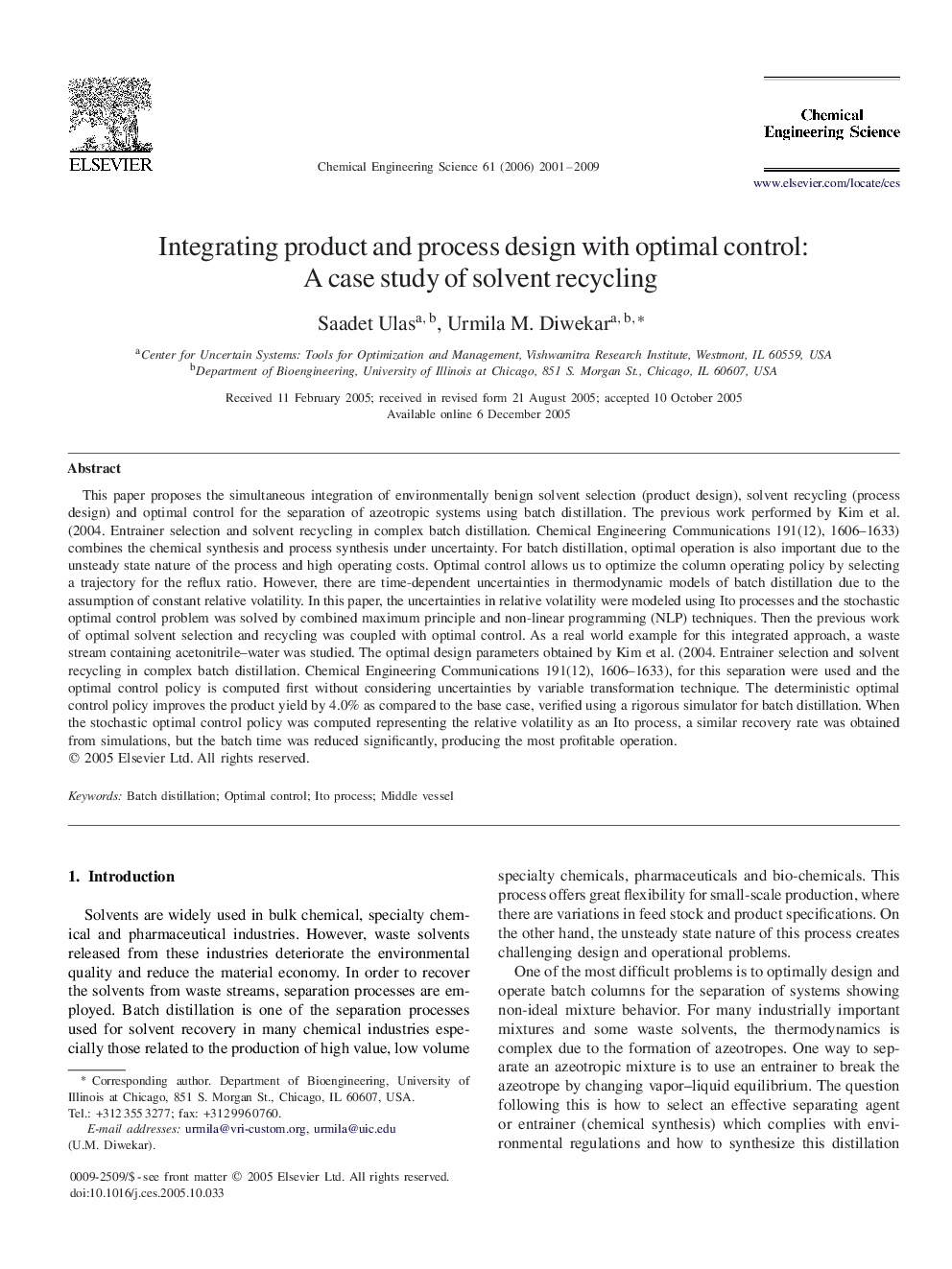 عکس صفحه اول مقاله: Integrating product and process design with optimal control: A case study of solvent recycling Integrating product and process design with optimal control: A case study of solvent recycling
