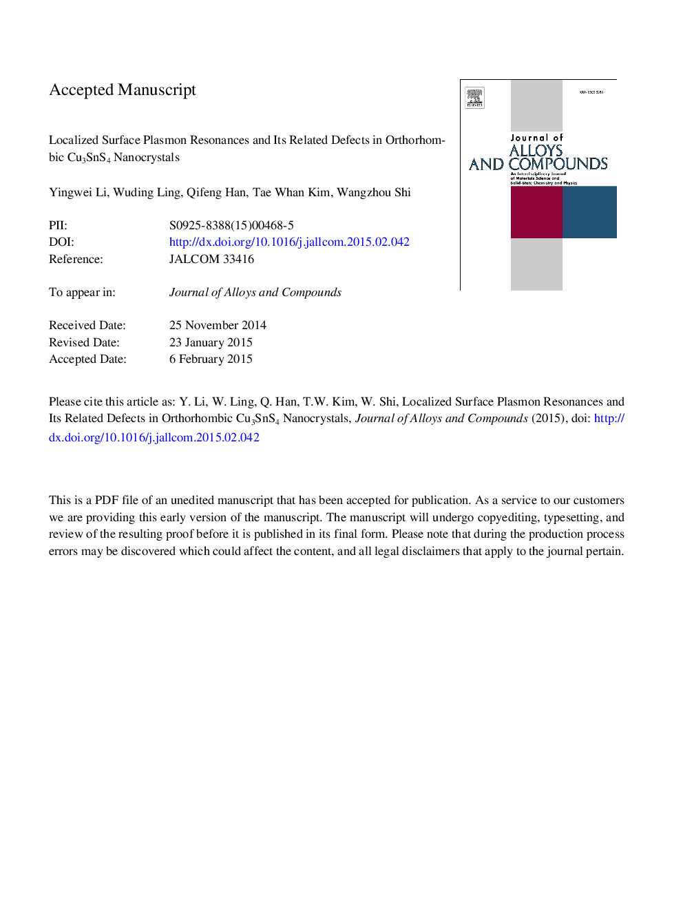 Localized surface plasmon resonances and its related defects in orthorhombic Cu3SnS4 nanocrystals