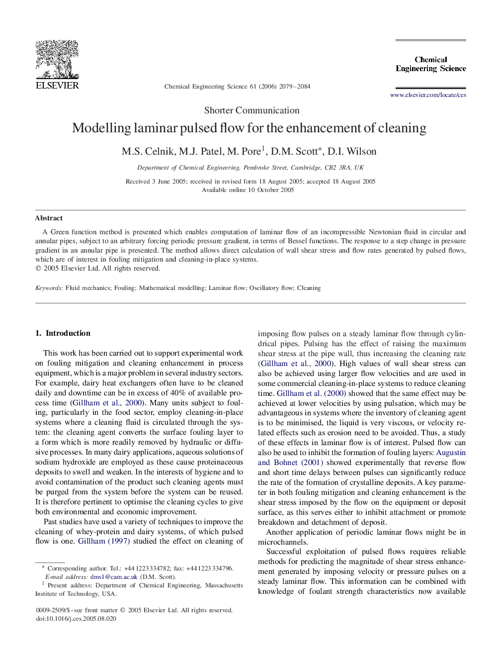 عکس صفحه اول مقاله: Modelling laminar pulsed flow for the enhancement of cleaning Modelling laminar pulsed flow for the enhancement of cleaning