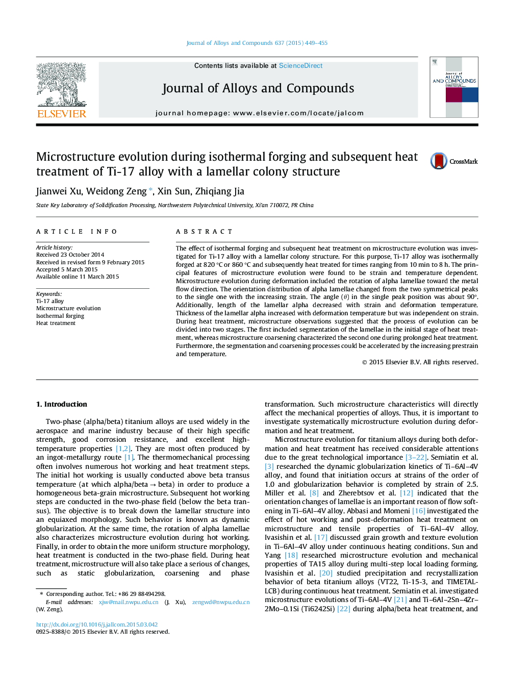 Microstructure evolution during isothermal forging and subsequent heat treatment of Ti-17 alloy with a lamellar colony structure