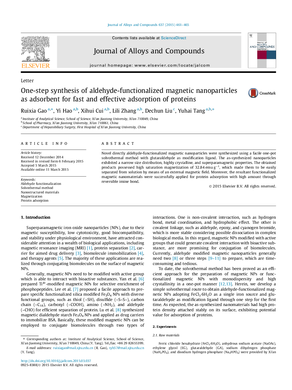 One-step synthesis of aldehyde-functionalized magnetic nanoparticles as adsorbent for fast and effective adsorption of proteins