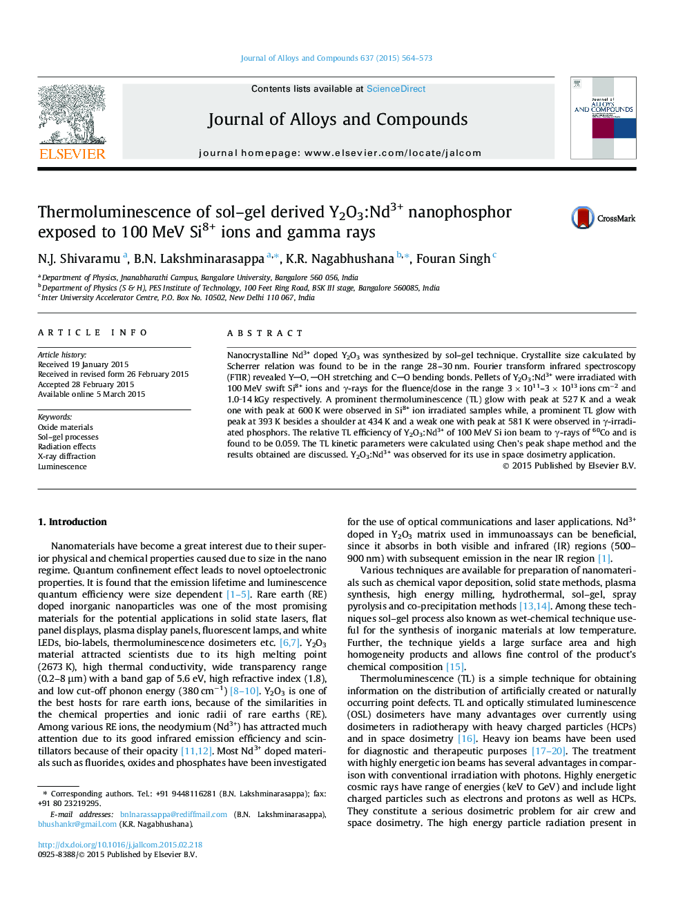 Thermoluminescence of sol-gel derived Y2O3:Nd3+ nanophosphor exposed to 100Â MeV Si8+ ions and gamma rays