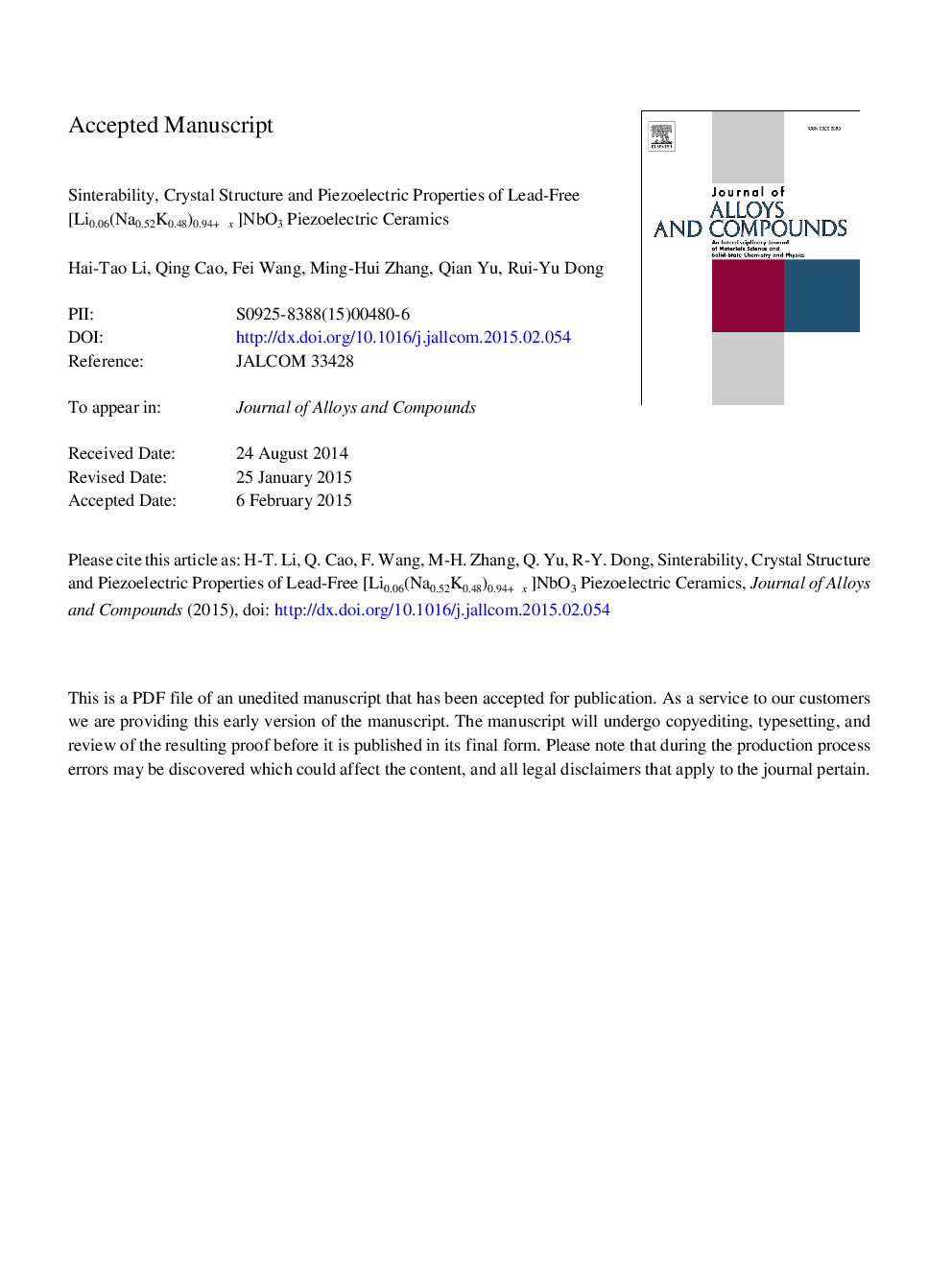 Sinterability, crystal structure and piezoelectric properties of lead-free [Li0.06(Na0.52K0.48)0.94+x]NbO3 piezoelectric ceramics