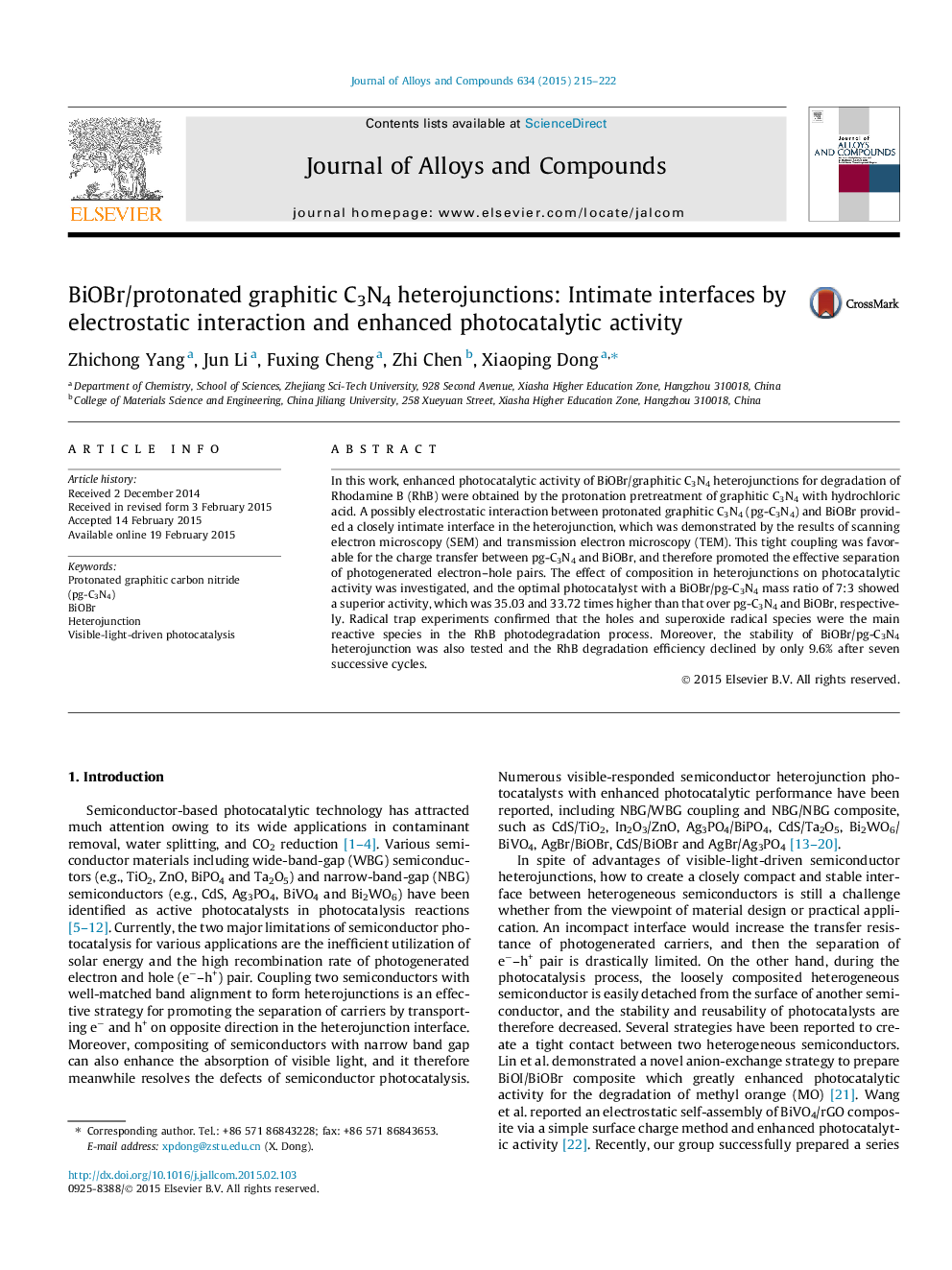 BiOBr/protonated graphitic C3N4 heterojunctions: Intimate interfaces by electrostatic interaction and enhanced photocatalytic activity