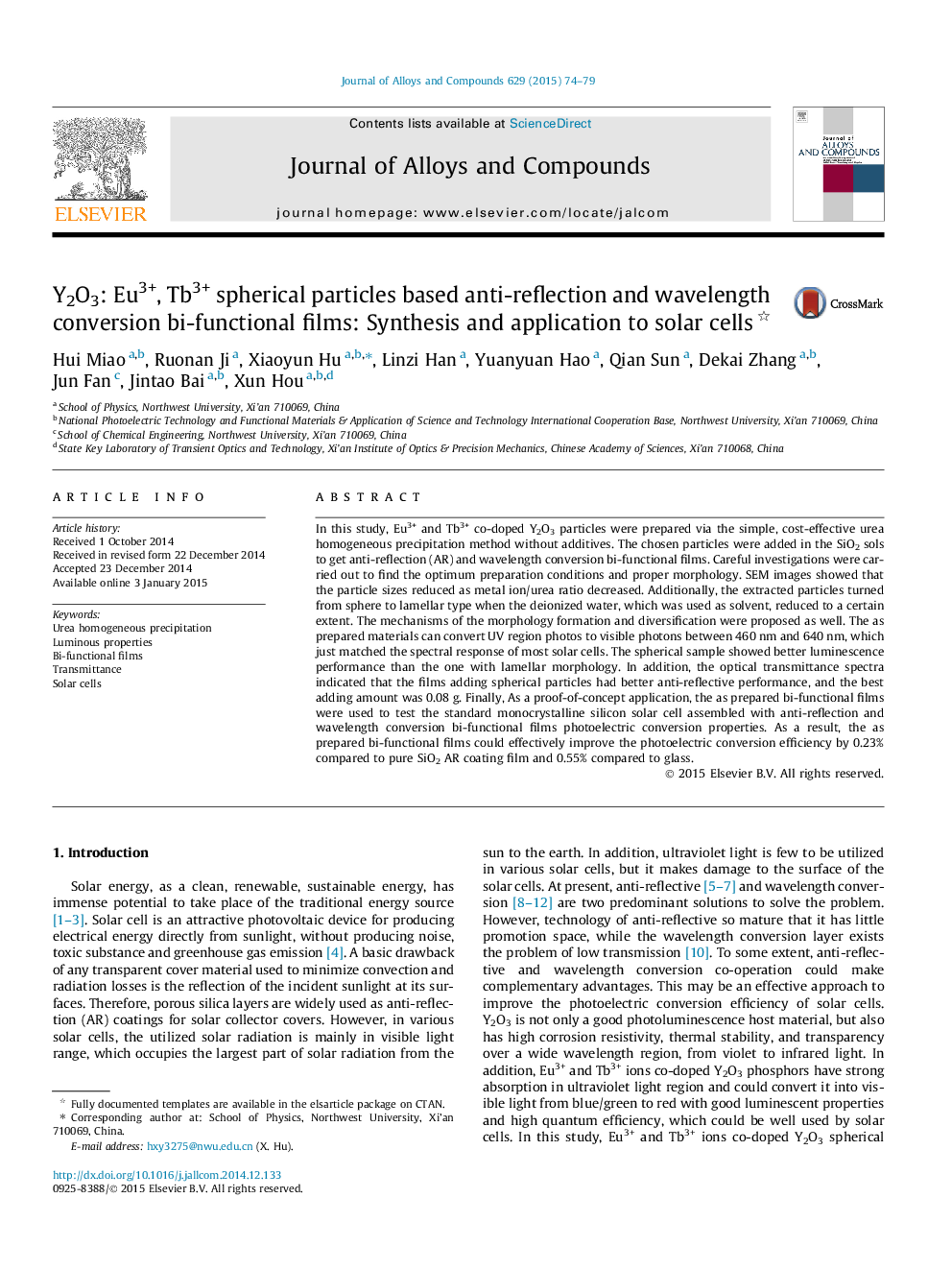 Y2O3: Eu3+, Tb3+ spherical particles based anti-reflection and wavelength conversion bi-functional films: Synthesis and application to solar cells