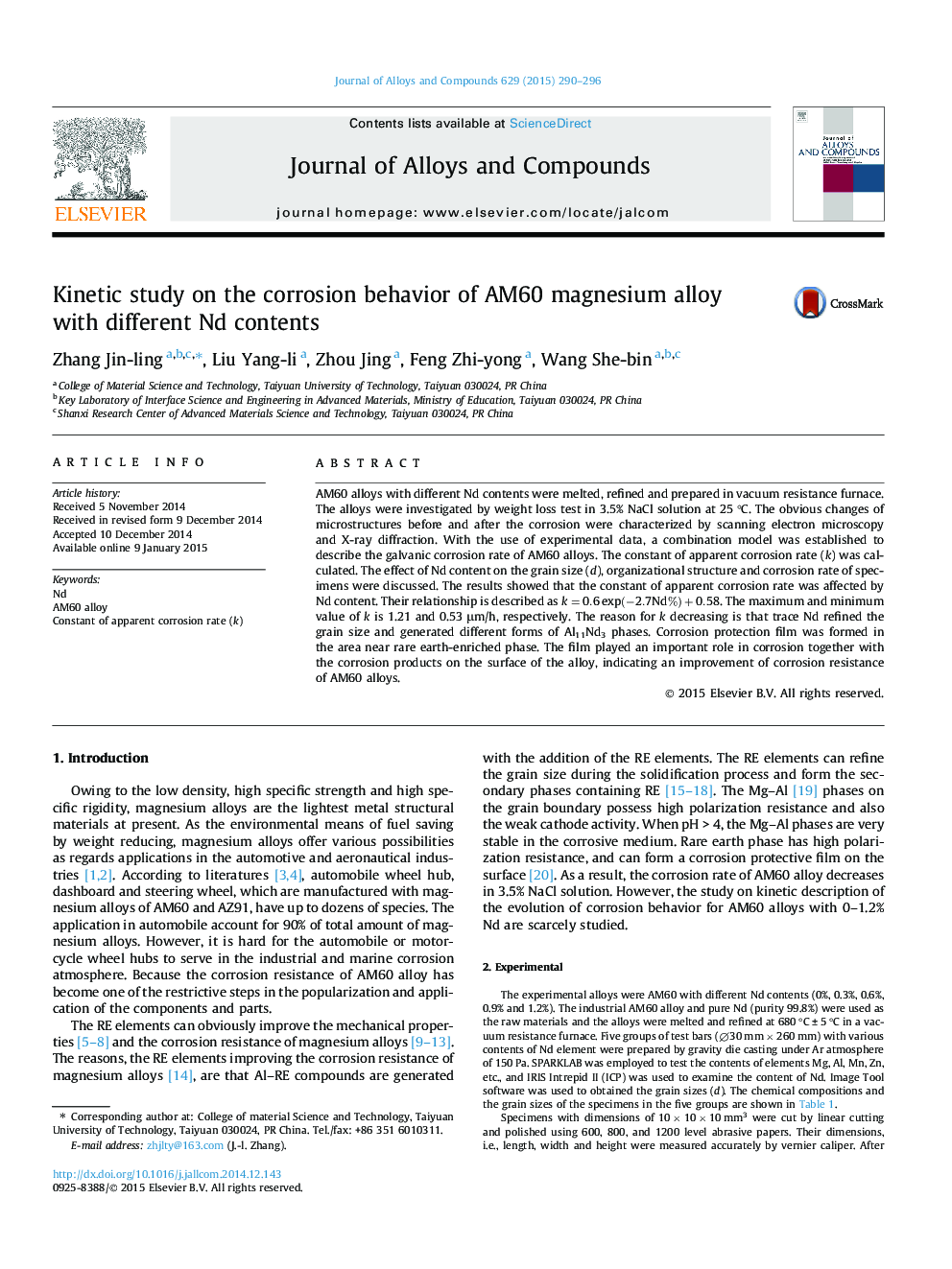 Kinetic study on the corrosion behavior of AM60 magnesium alloy with different Nd contents