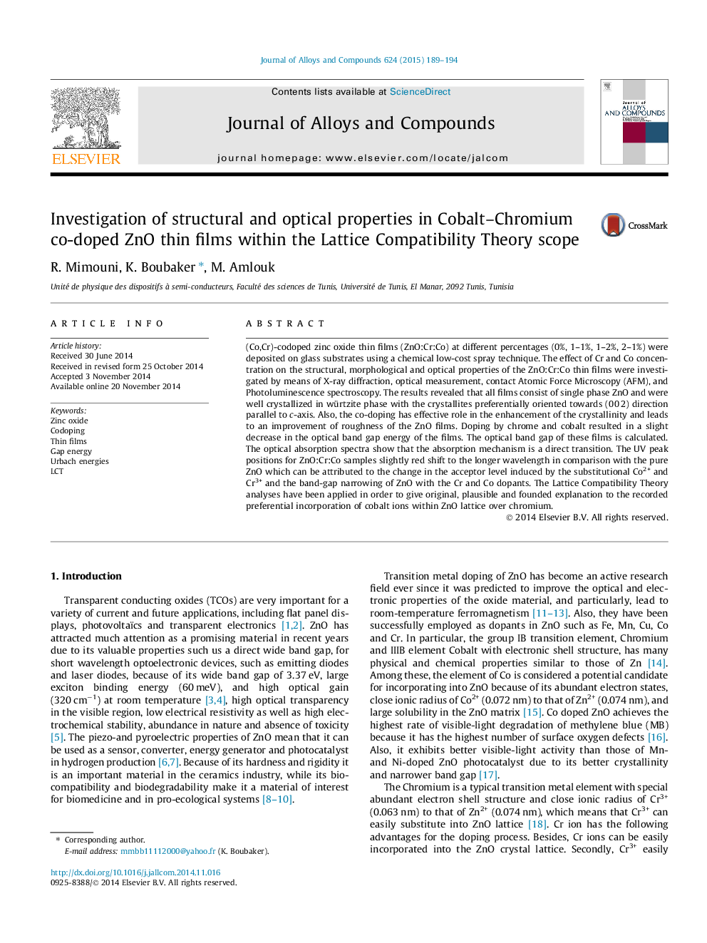 Investigation of structural and optical properties in Cobalt–Chromium co-doped ZnO thin films within the Lattice Compatibility Theory scope