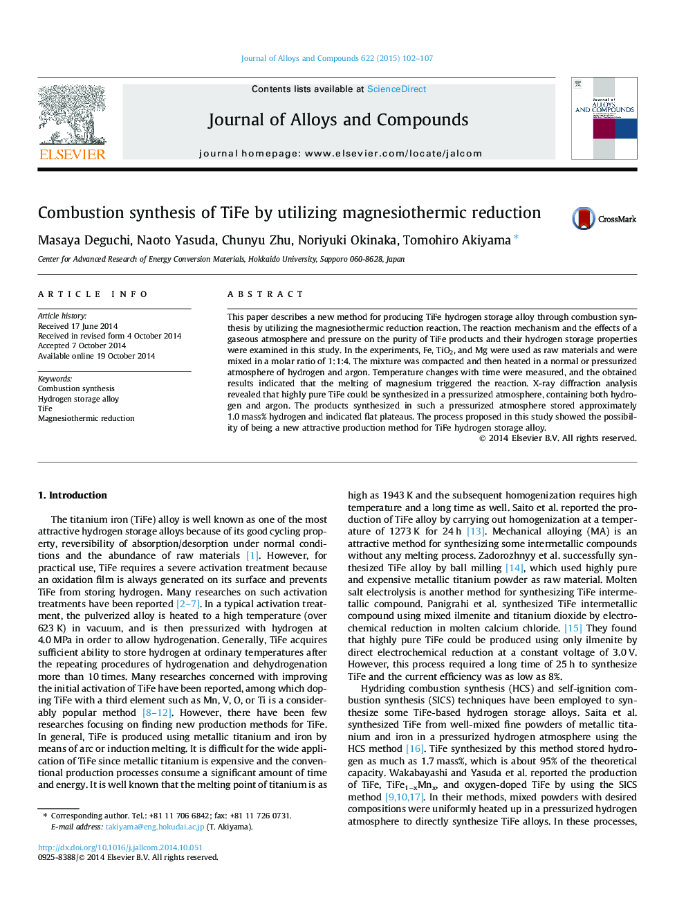 Combustion synthesis of TiFe by utilizing magnesiothermic reduction