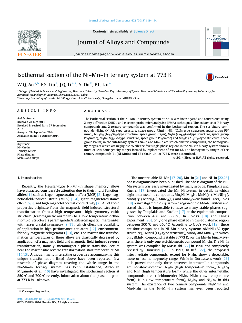 Isothermal section of the Ni–Mn–In ternary system at 773 K