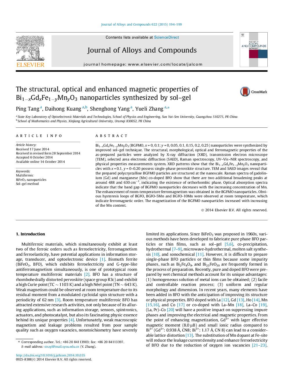عکس صفحه اول مقاله: The structural, optical and enhanced magnetic properties of Bi1−xGdxFe1−yMnyO3 nanoparticles synthesized by sol–gel The structural, optical and enhanced magnetic properties of Bi1−xGdxFe1−yMnyO3 nanoparticles synthesized by sol–gel