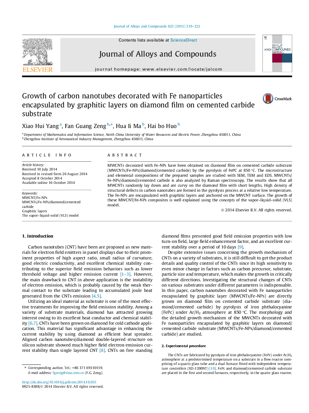 Growth of carbon nanotubes decorated with Fe nanoparticles encapsulated by graphitic layers on diamond film on cemented carbide substrate