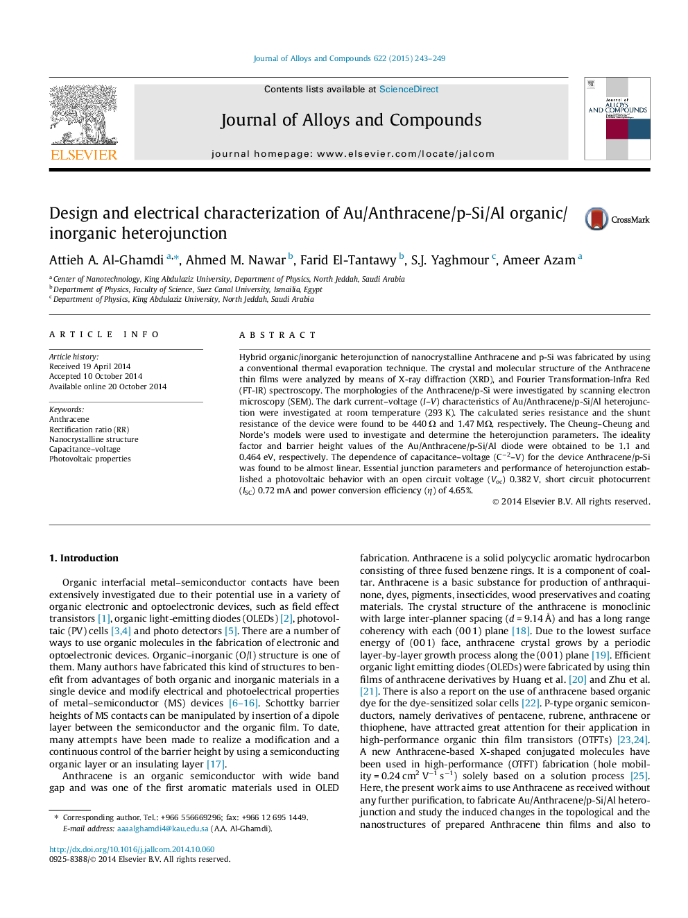 Design and electrical characterization of Au/Anthracene/p-Si/Al organic/inorganic heterojunction