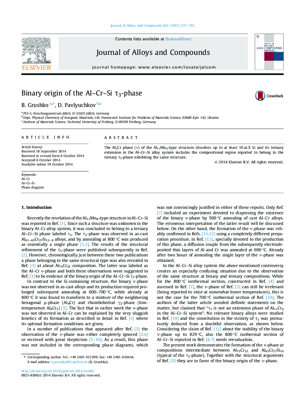 عکس صفحه اول مقاله: Binary origin of the Al–Cr–Si τ3-phase Binary origin of the Al–Cr–Si τ3-phase