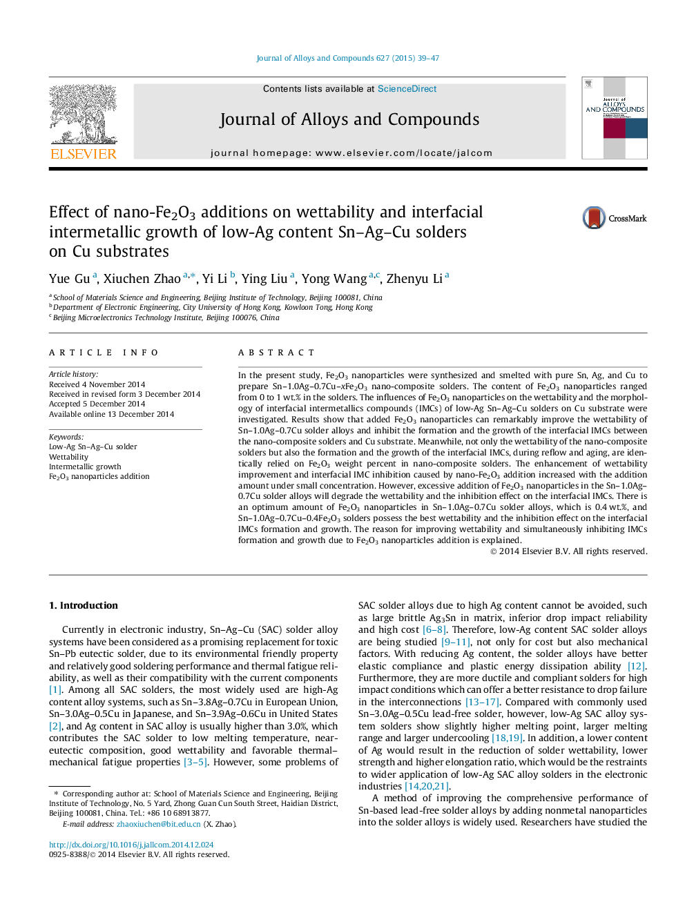 Effect of nano-Fe2O3 additions on wettability and interfacial intermetallic growth of low-Ag content Sn-Ag-Cu solders on Cu substrates