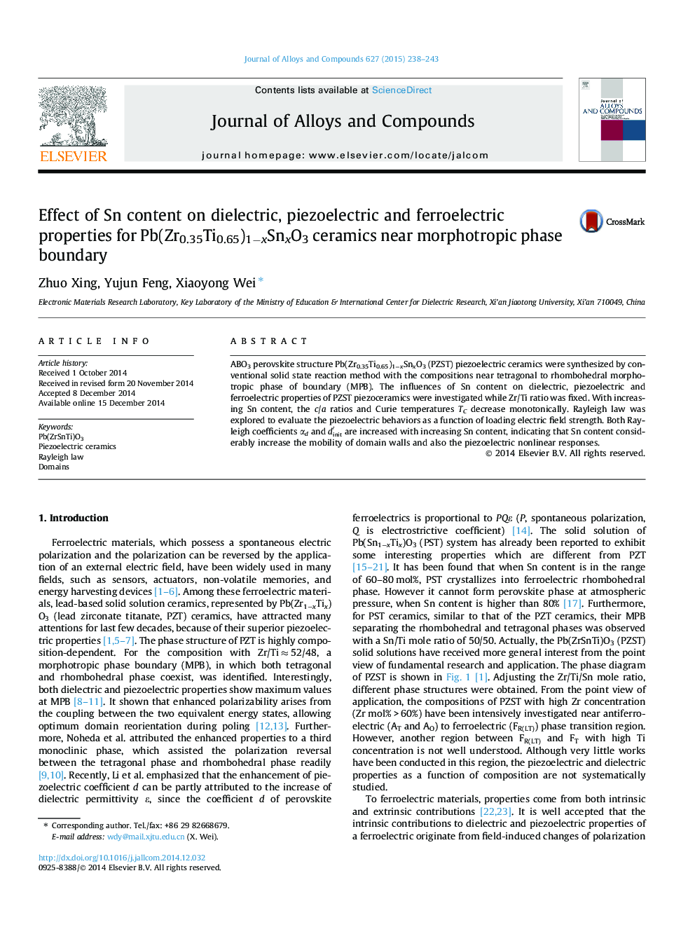 Effect of Sn content on dielectric, piezoelectric and ferroelectric properties for Pb(Zr0.35Ti0.65)1−xSnxO3 ceramics near morphotropic phase boundary