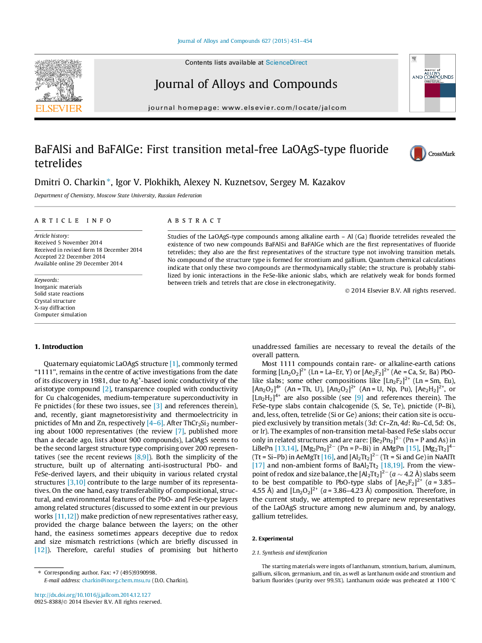 عکس صفحه اول مقاله: BaFAlSi and BaFAlGe: First transition metal-free LaOAgS-type fluoride tetrelides BaFAlSi and BaFAlGe: First transition metal-free LaOAgS-type fluoride tetrelides