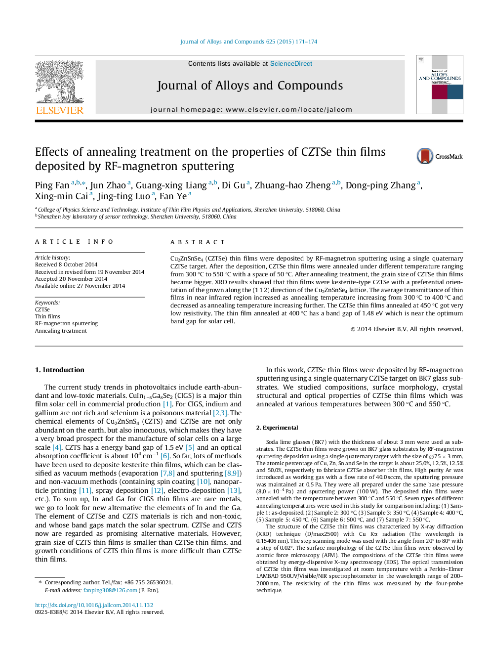 عکس صفحه اول مقاله: Effects of annealing treatment on the properties of CZTSe thin films deposited by RF-magnetron sputtering Effects of annealing treatment on the properties of CZTSe thin films deposited by RF-magnetron sputtering