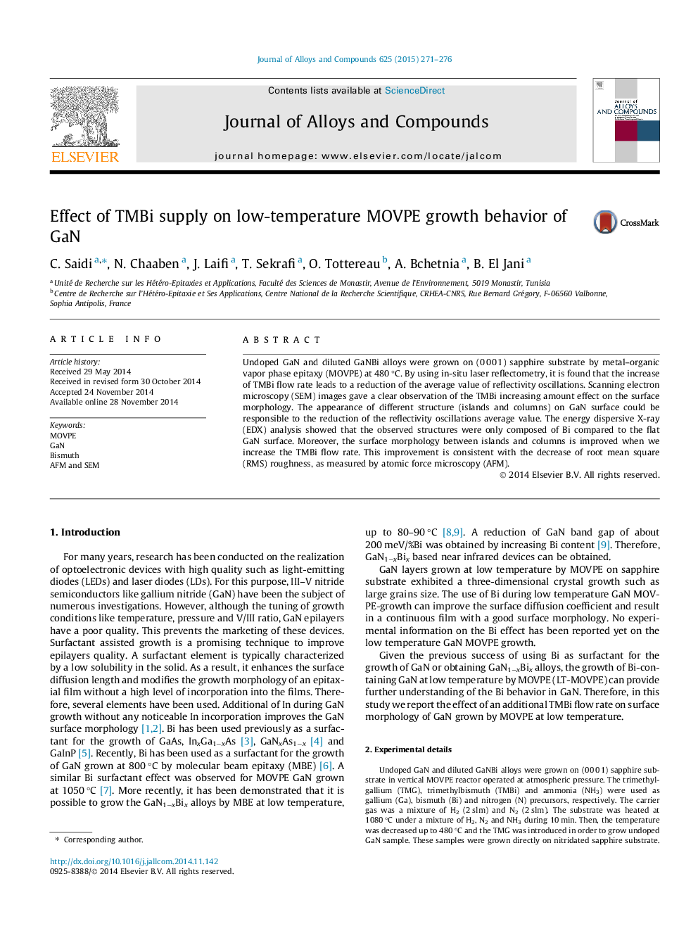 Effect of TMBi supply on low-temperature MOVPE growth behavior of GaN